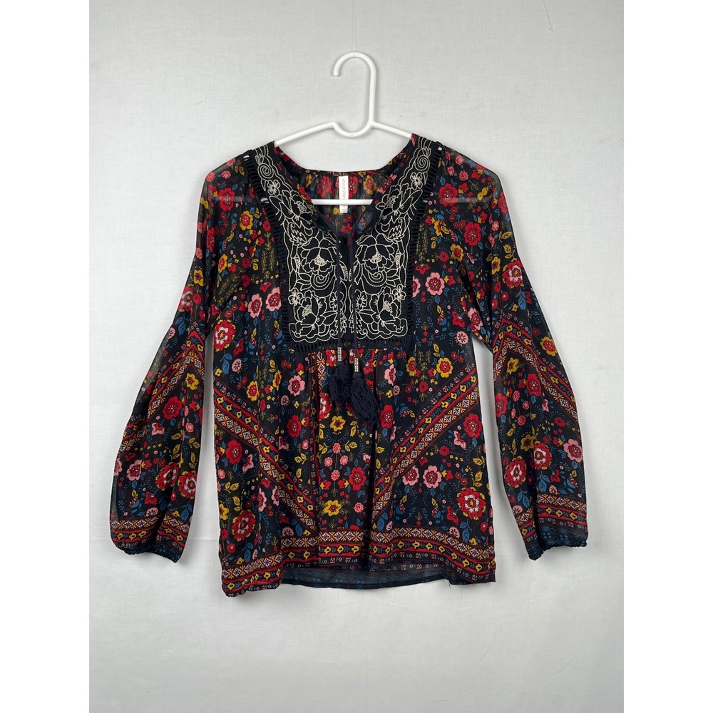 Xhilaration Floral Embroidered Boho Blouse Womens Small Long Sleeve Tassel Black